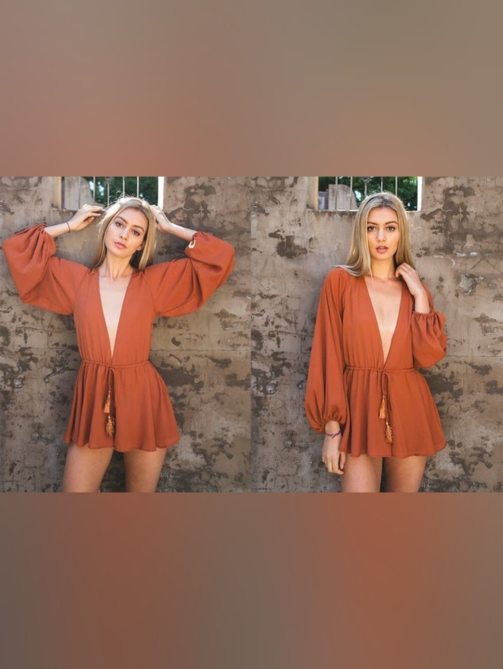NIC & JO Rust V-Neck Long-Sleeve Flowy Romper
